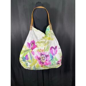 Handmade, Large, Linen Hobo Purse with Leather Strap, Watercolor Floral Print